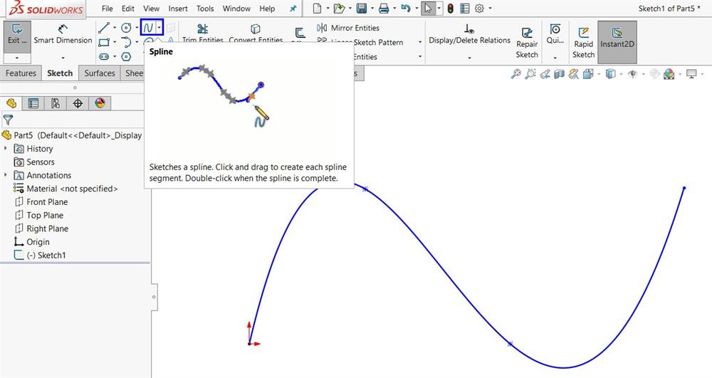 ایجاد منحنی در محیط اسکچ نرم‌افزار سالیدورکس توسط ابزار Spline